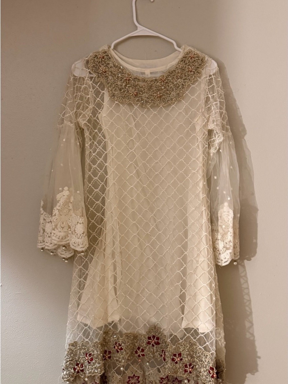 Embroidered Sheer Lace Overlay Dress in Cream with Accents Desi outfit 3 piece